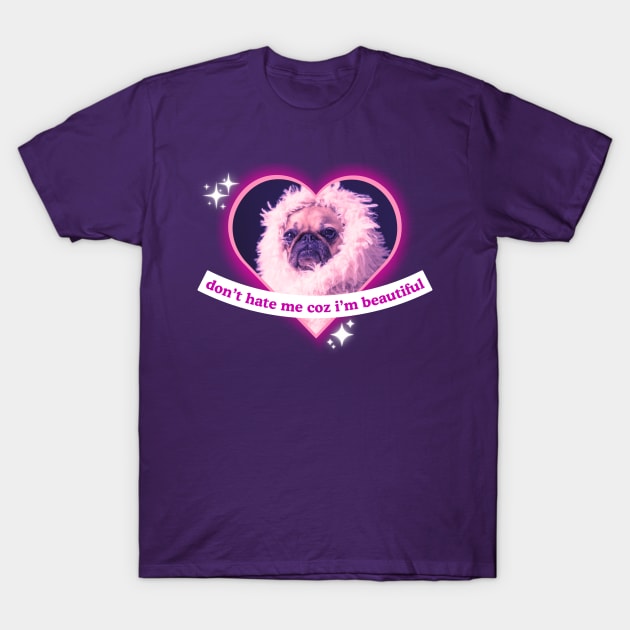 Don't Hate My Coz I'm Beautiful Pug Sassy Funny Pug Dog Design T-Shirt by Flourescent Flamingo